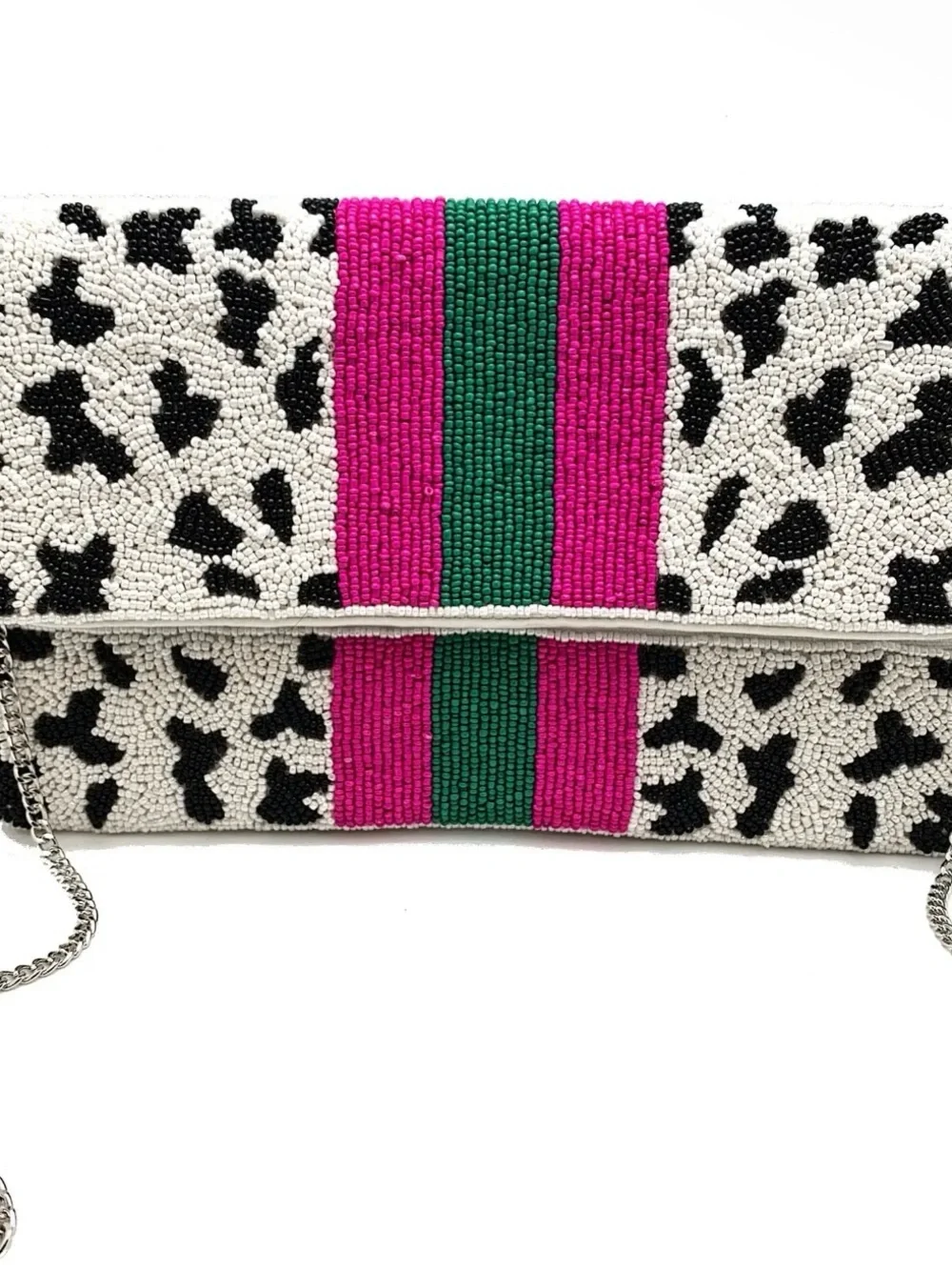 Beaded Leopard Print Clutch with Pink and Green Stripe